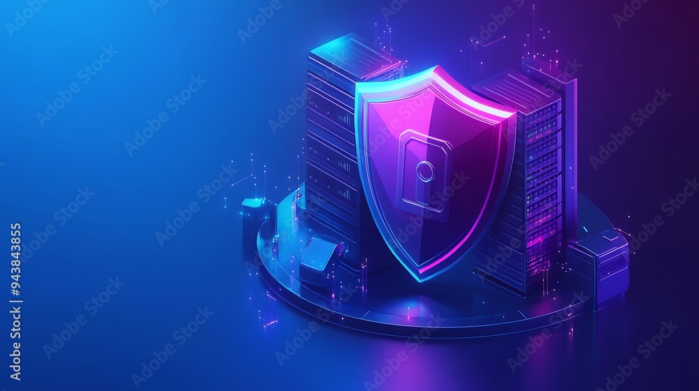 Poster digital security concept with shield icon and server in neon lights, representing data protection an
