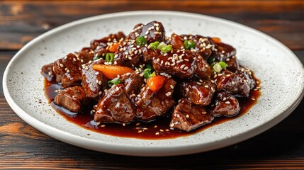 Delicious teriyaki beef topped with sesame seeds and chopped onions, served on a white plate against a dark wooden table, beautifully presented with ample copy space.