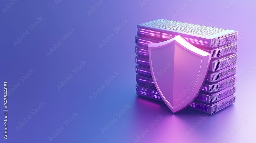 Poster digital security concept with shield protecting server stacks on gradient background, symbolizing da