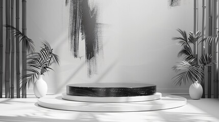 podium on art black and white abstract stroke background