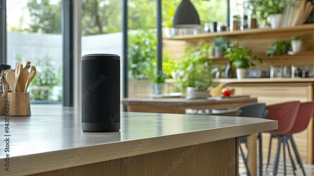 Poster a digital assistant device on a kitchen counter, responding to a voice command with a weather update