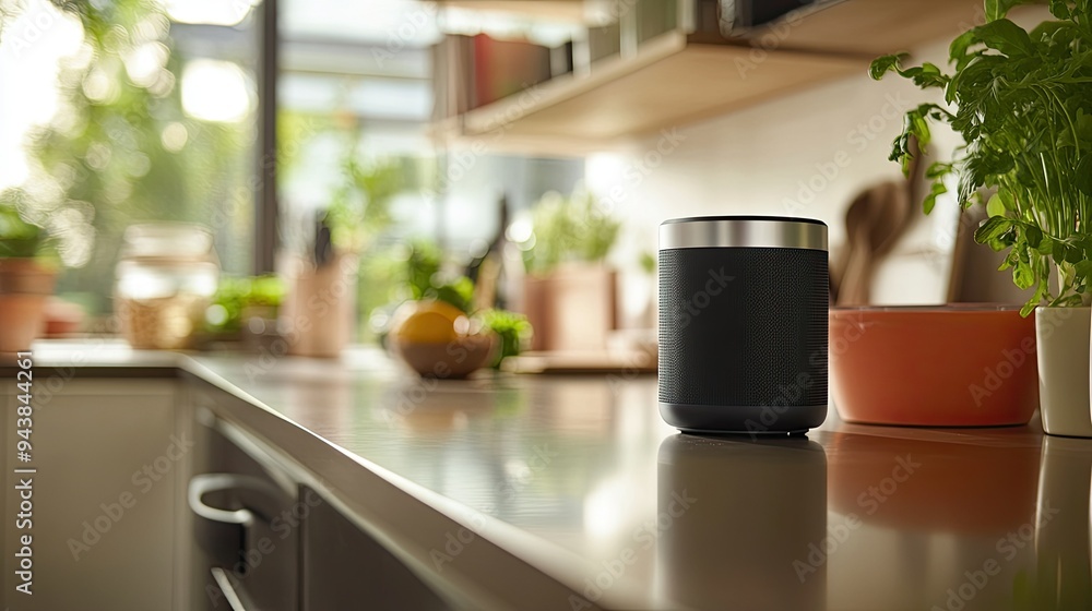 Poster a digital assistant device on a kitchen counter, responding to a voice command with a weather update