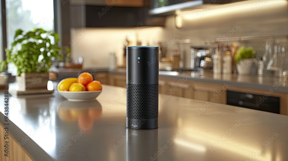 Poster A digital assistant device on a kitchen counter, responding to a voice command with a weather update and music playlist