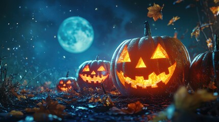 Obraz premium Jack Oâ€™ Lanterns Glowing At Moonlight In The Spooky Night
