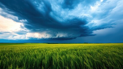 Fototapeta premium Dramatic storm clouds over vast green field, showcasing nature's power and beauty. Perfect for nature, weather, or landscape themes.