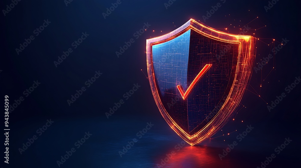Poster digital security shield with check mark, representing online protection and data privacy in a futuri