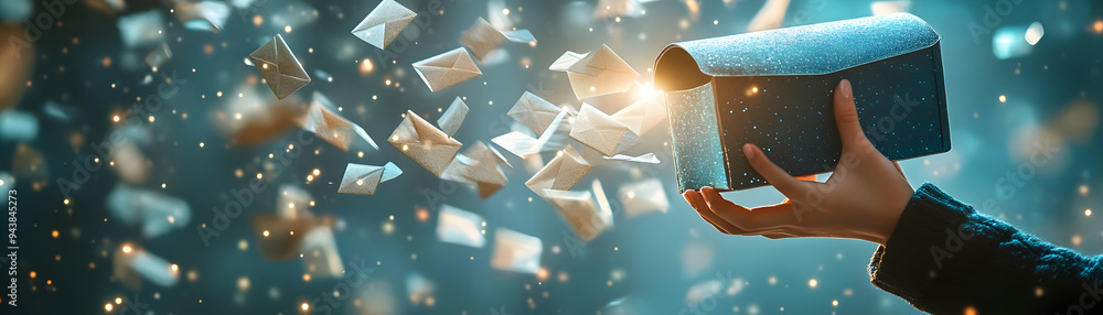Poster person with magic mailbox and floating letters concept as a person holding a magic mailbox with floa