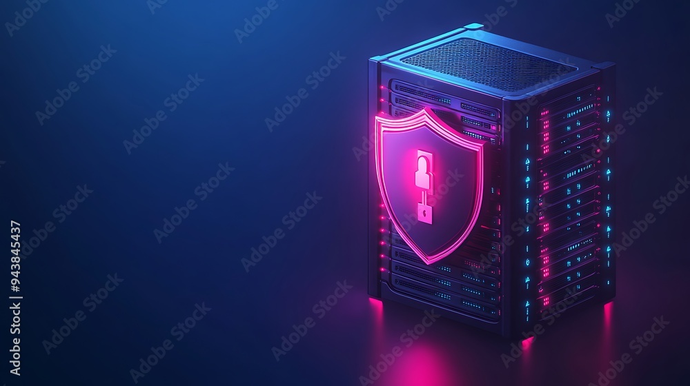 Poster digital server with a glowing shield icon representing data security and network protection, illumin