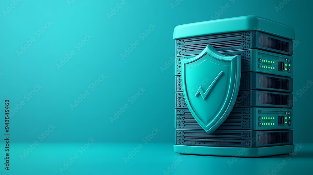 Poster digital server with a shield illustration representing data protection and cybersecurity on a teal b