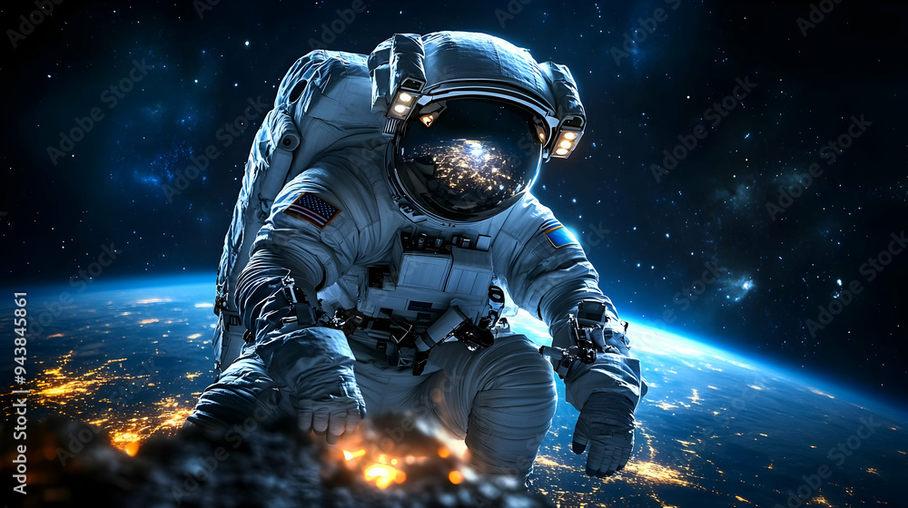 Poster astronaut in space suit floating in orbit over planet earth with lights of a city visible in the ref