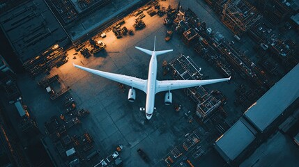 A drone capturing aerial footage of an aircraft assembly line, where advanced robotics handle the construction of modern planes.