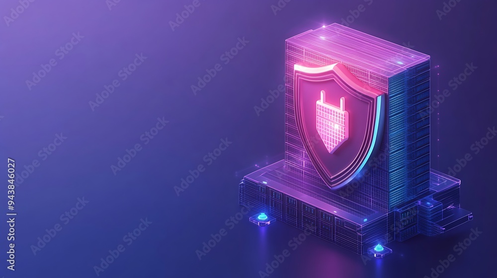 Poster digital shield graphic with glowing lights symbolizing cybersecurity and data protection on a futuri