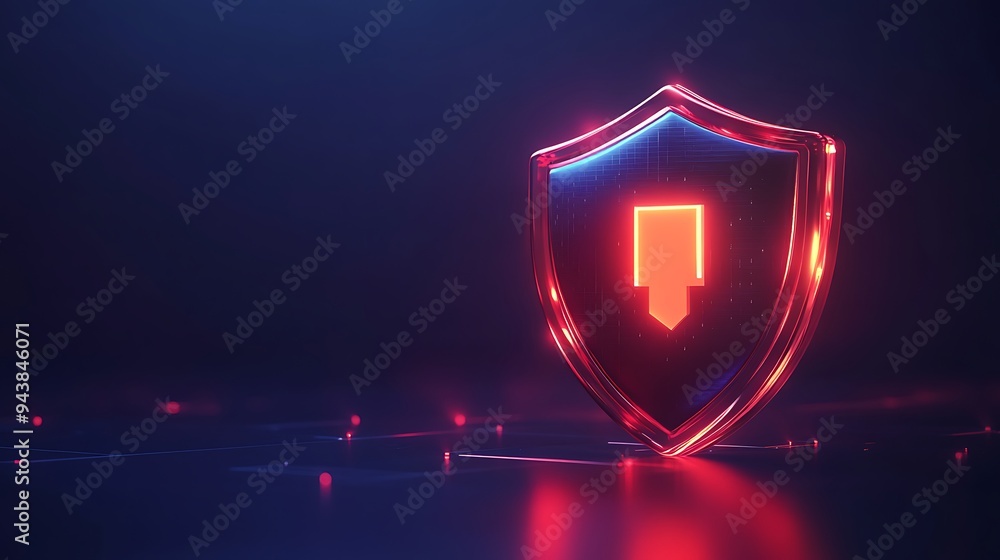 Poster digital shield icon glowing in a dark environment, symbolizing cybersecurity and data protection wit