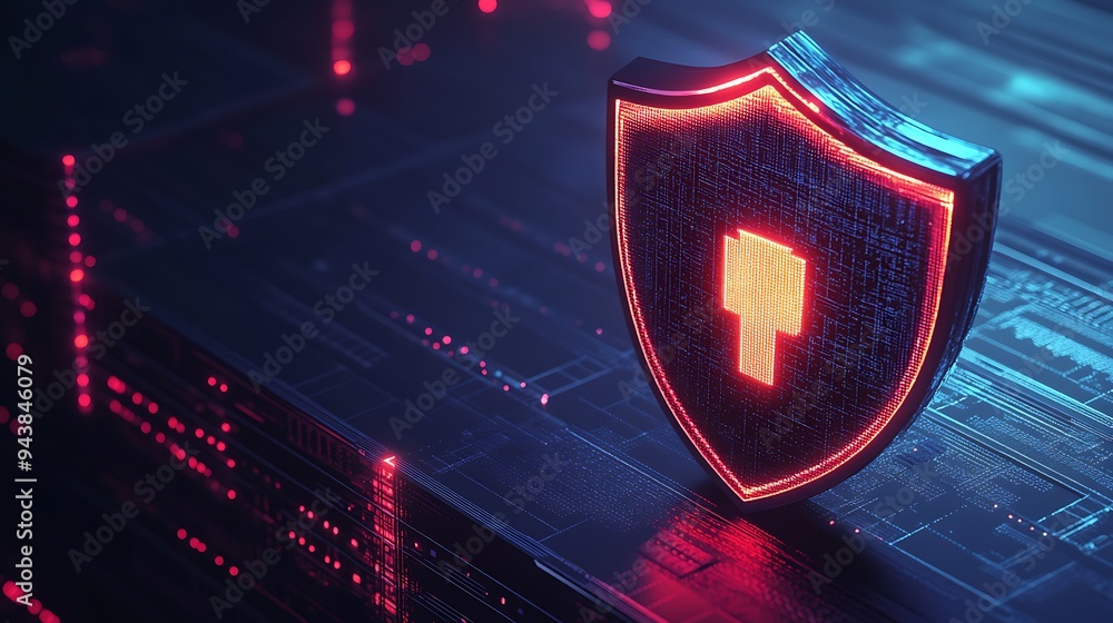 Poster digital shield icon glowing on a dark cybersecurity background, representing online security and dat
