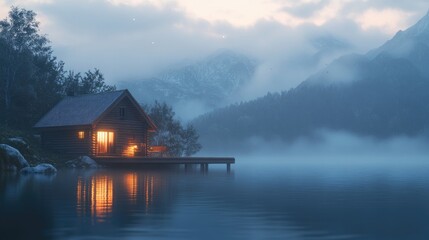 Fototapeta premium Dusk falls on a wooden house by a lake, its lights reflecting off the water, with misty mountains adding to the tranquil, scenic beauty.