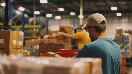 A team organizing packages, with one person operating an order picker in the background