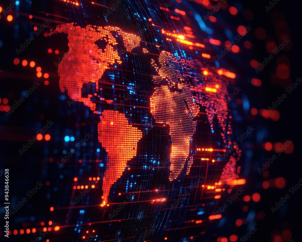 Poster digital world map with glowing lights on dark background, representing global connections and advanc