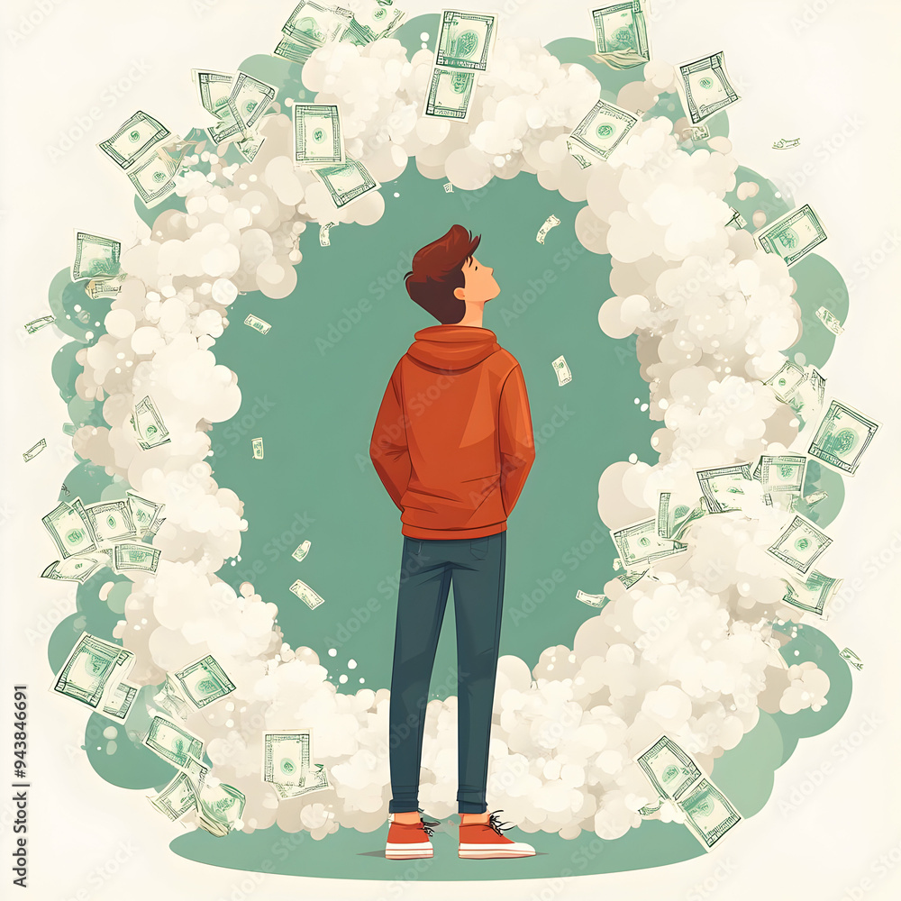 Poster person surrounded by money clouds concept as a person surrounded by clouds of money with a plain bac