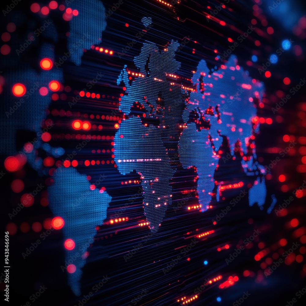 Aufkleber digital world map with glowing data points in red and blue, representing global connectivity and com