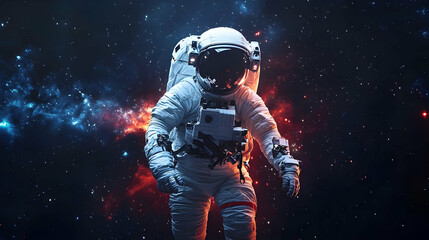 Astronaut in space suit floating through a galaxy of red and blue nebulae.