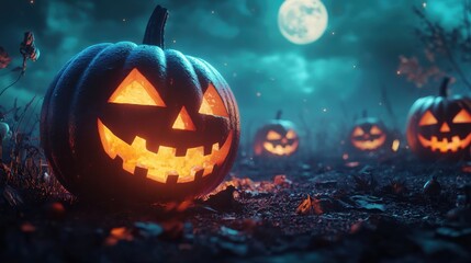 Obraz premium Jack Oâ€™ Lanterns Glowing At Moonlight In The Spooky Night