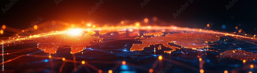 Poster digital world map with glowing connection lines and nodes, representing global connectivity, technol
