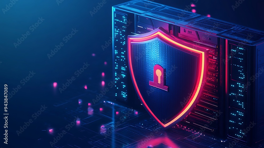 Poster digital shield on server representing cybersecurity and data protection in modern technology with gl
