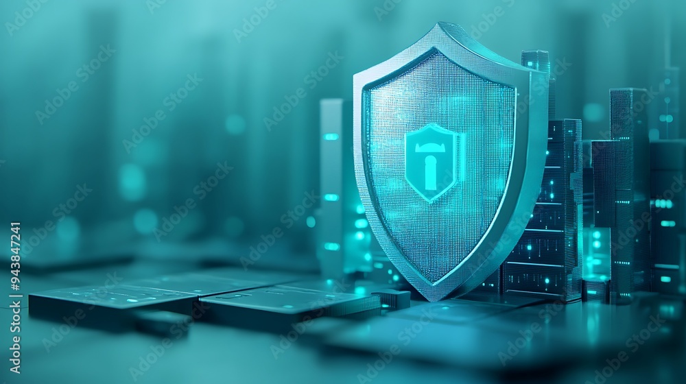 Poster digital shield protecting data servers, symbolizing cybersecurity and data protection in a modern te