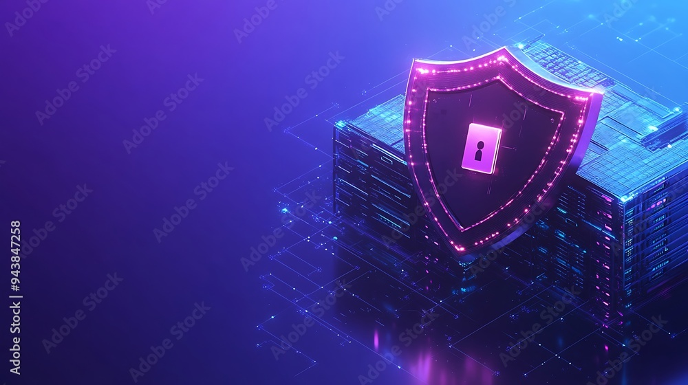 Aufkleber digital shield protecting data servers in a futuristic cybersecurity concept with a glowing padlock 
