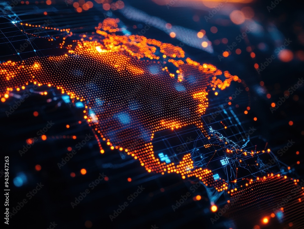 Poster Digital ing of a futuristic, illuminated North America map with glowing data points and connections at night.