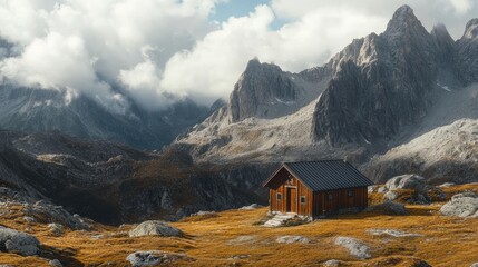 A solitary hut in the mountains, offering shelter amidst the towering peaks and wild nature