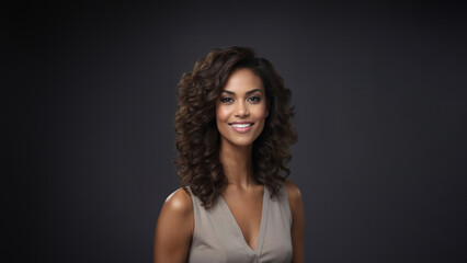 Fototapeta premium Charismatic and inspiring Black American businesswoman, a beacon of confidence and grace. Brunette hair and flawless skin complement her captivating gaze