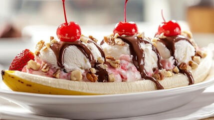 A classic banana split with scoops of vanilla, chocolate, and strawberry ice cream, topped with whipped cream, nuts, and a cherry.