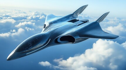 Naklejka premium A futuristic aircraft design with sleek lines and advanced materials, displayed in a digital rendering against a blue sky.
