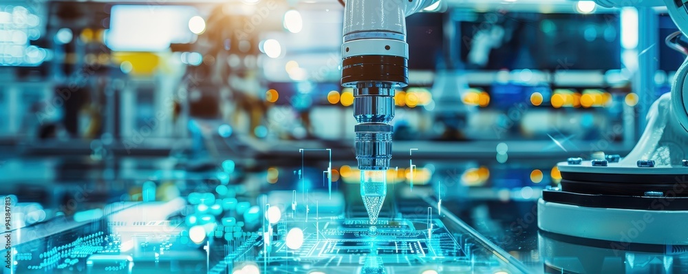 Poster close-up of an advanced robotic arm in a high-tech manufacturing facility, demonstrating precise and