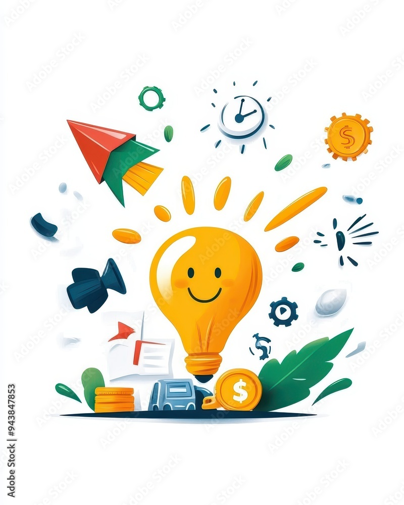 Wall mural Creative illustration of a happy light bulb with various business and innovation elements, symbolizing new ideas and progress.