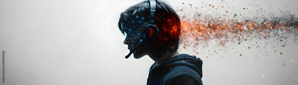 Poster person with headset and efficient customer communication concept as a person wearing a headset provi