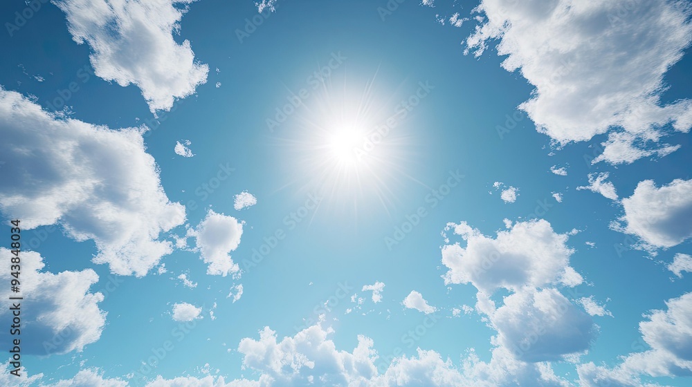 Poster a clear sky with a bright sun shining overhead, casting sharp shadows and filling the scene with lig