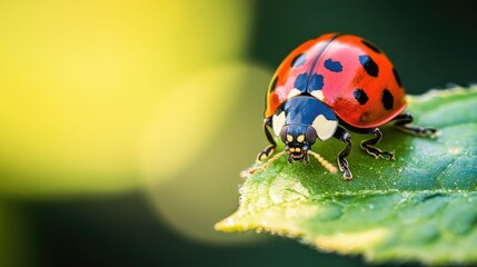 Fototapeta premium Close-up of a ladybug on a leaf, the insect vibrant colors in sharp focus against a softly blurred backdrop.