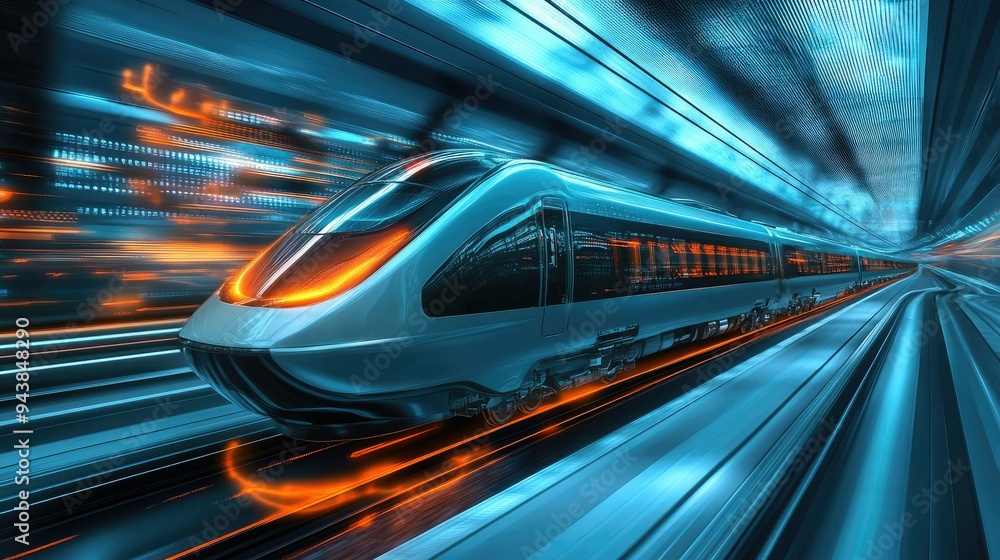 Poster a futuristic train design concept displayed on a digital interface, showing the next generation of h