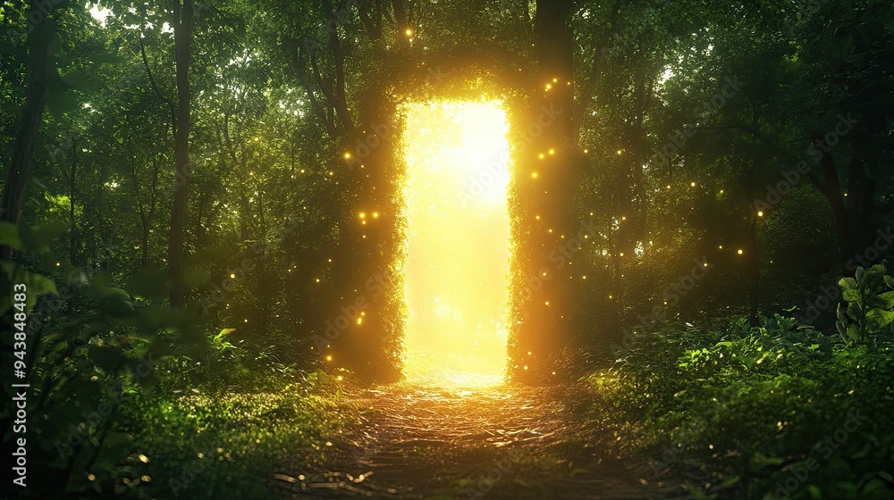 Poster a glowing dimensional gate standing in the middle of a forest, with light rays streaming through the