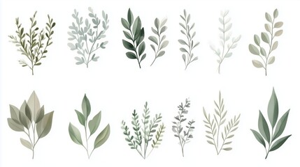 Watercolor hand-drawn illustration of various greenery elements set against a white background. The artwork features a neutral soft color palette with minimalistic design elements, including simple sh