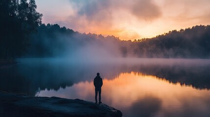 Fototapeta premium A solitary person standing by a misty lake, observing the sunrise's warm hues spreading across the water.