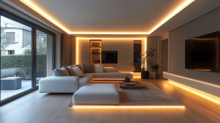 room lighting design, soft white led strips highlight the rooms architecture, boosting the aesthetic charm of the modern living area