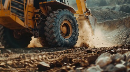 Obraz premium Close-up of a heavy-duty wheel loader in action at a construction job site