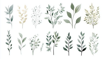 Fototapeta premium Watercolor hand-drawn illustration of various greenery elements set against a white background. The artwork features a neutral soft color palette with minimalistic design elements, including simple sh
