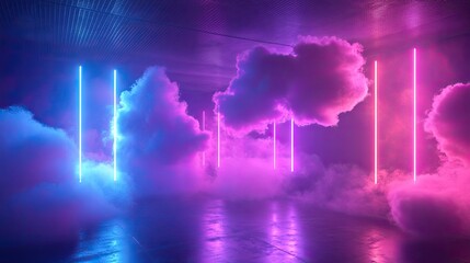 Obraz premium Clouds gently illuminated by vibrant blue and purple neon lights, floating in a dark, immersive environment.