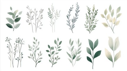 Fototapeta premium Watercolor hand-drawn illustration of various greenery elements set against a white background. The artwork features a neutral soft color palette with minimalistic design elements, including simple sh
