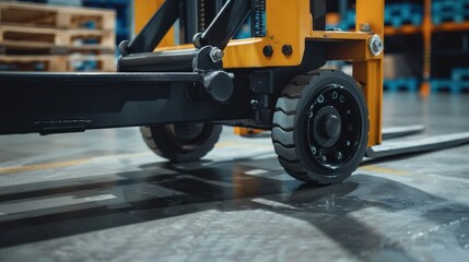 Close-up of a pallet truck's wheels and forks lifting a pallet