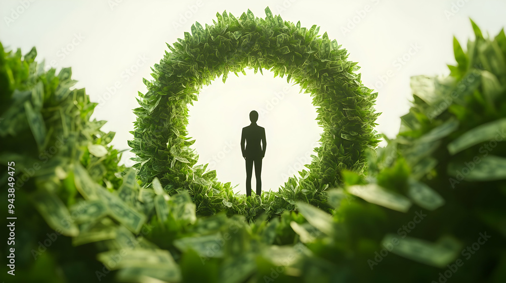 Poster 3d icon person surrounded by money trees concept as a person surrounded by trees made of money set a
